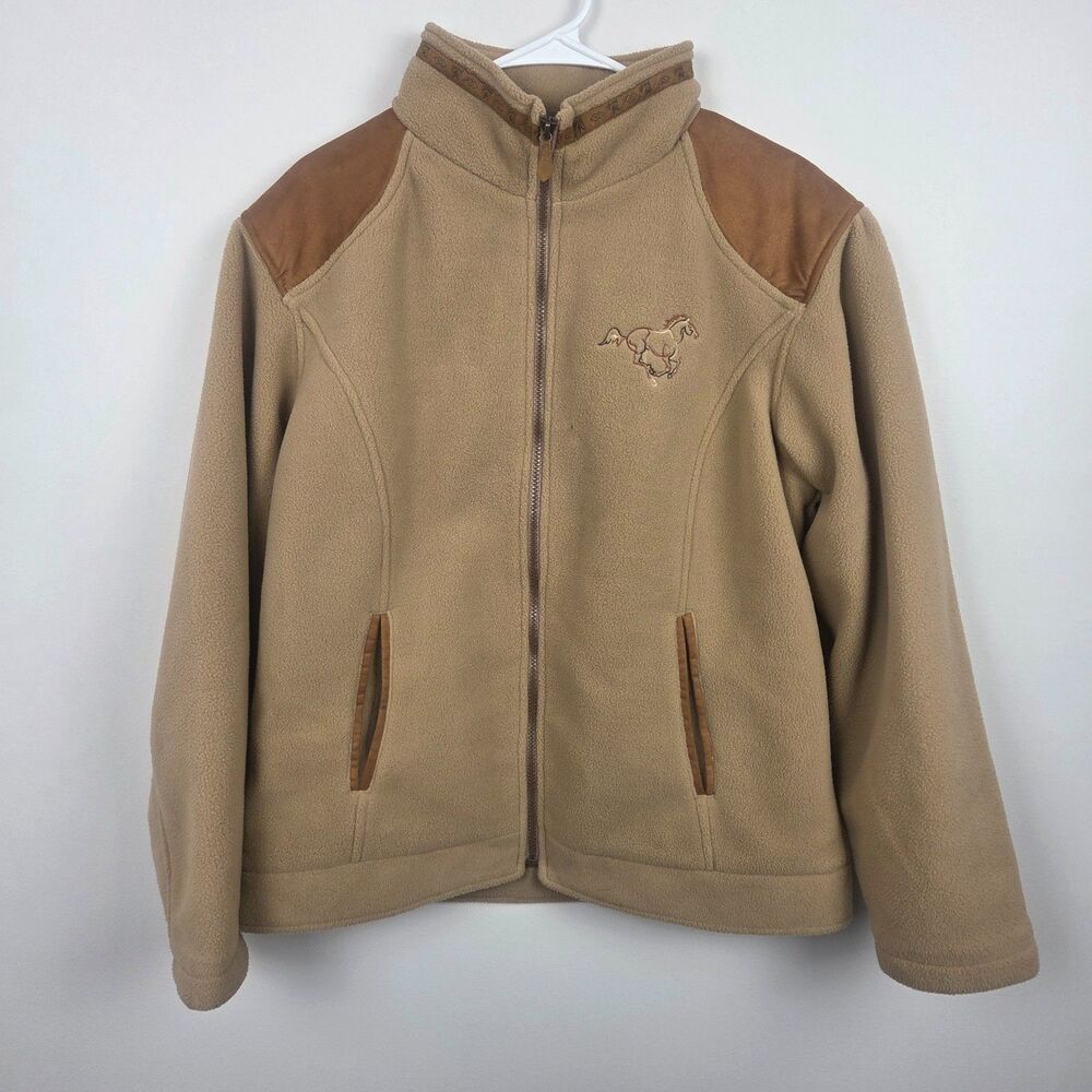 Cabelas Womens Fleece Jacket M Tan Horse Embroidery Western Suede Trim